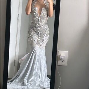 Silver , sparkly rhinestone prom dress , size small , fits perfectly